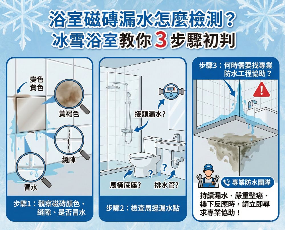 浴室磁磚漏水怎麼檢測?冰雪浴室教你 3 步驟初判